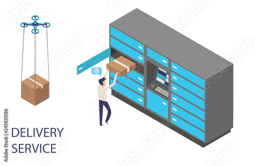 Modern flat design isometric concept of delivery service for website and mobile website with delivery locker mail box, man, dron.Landing page template. Easy to edit and customize. Vector illustration.
