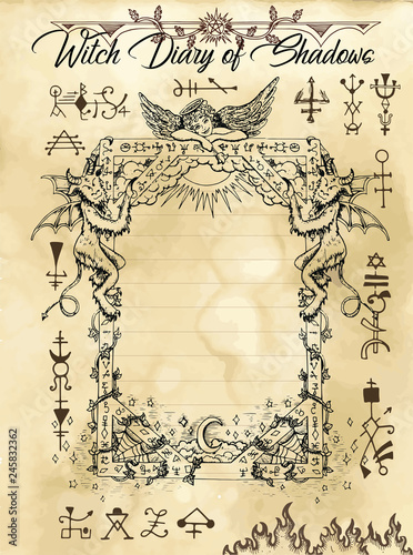 Witch diary page 10 of 31 with gothic frame, devil, angel and evil dark symbols. Magic wiccan old book with occult illustration, mystic vector background