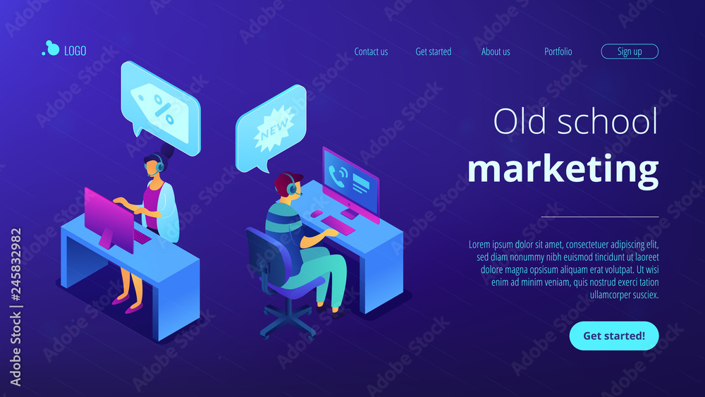 Operators with headsets calling potential customers to support or make a sale. Cold calling, old school marketing, telemarketing sales concept. Isometric 3D website app landing web page template Operators with headsets calling potential customers to support or make a sale. Cold calling, old school marketing, telemarketing sales concept. Isometric 3D website app landing web page template