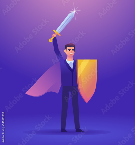 Confident businessman cheers with sword and shield in his arms. Super hero, successful boss, manager. Colorful design vector illustration
