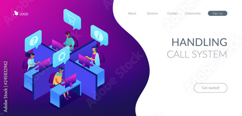 Customer service operators wearing headsets answering phones in the office. Call center, handling call system, virtual call center concept. Isometric 3D website app landing web page template