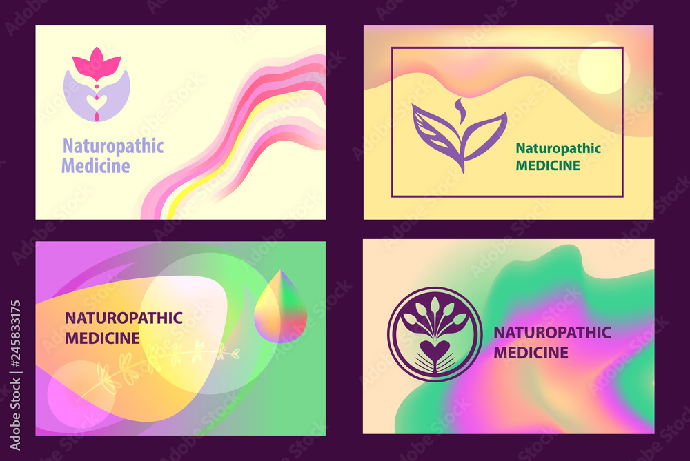 Set flyer, poster, for naturopathic medicine. Concept logo, badge, insignia for naturopathy, phytotherapy, holistic, alternative medicine and pharmacy. Vector illustration