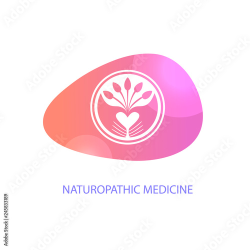 Naturopathic medicine. Silhouette hands in circle. Concept logo, badge, insignia for naturopathy, phytotherapy, holistic, alternative medicine and pharmacy. Vector illustration