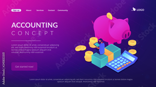 Businessman sitting on banknotes at piggy bank tracking income, expences. Budget control app, home budget application, accounting services concept. Isometric 3D website app landing web page template