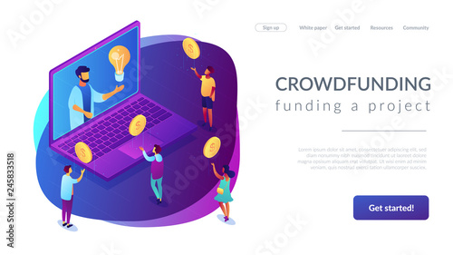 Businessman with idea on laptop rasing money via internet to support project. Crowdfunding, crowdsourcing project, alternative financing concept. Isometric 3D website app landing web page template