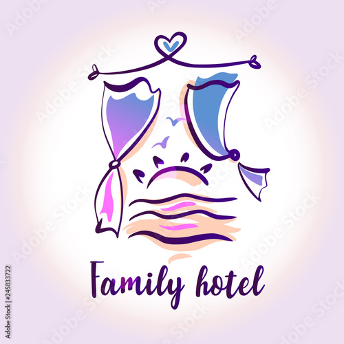 Template logo for family hotel resort. Concept design company identity for small guest house hostel business. Vector illustration. Freehand drawn silhouette curtain with abstract sunrise, sea wave