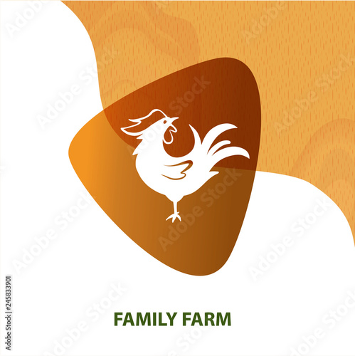 Agro family farm. Concept template for ecology natural product, organic food business. Silhouette cockerel, chicken. Sketch vector illustration on wood texture background