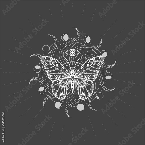 Vector illustration with hand drawn butterfly and Sacred geometric symbol on black background. Abstract mystic sign. White linear shape. For you design, tattoo or magic craft.