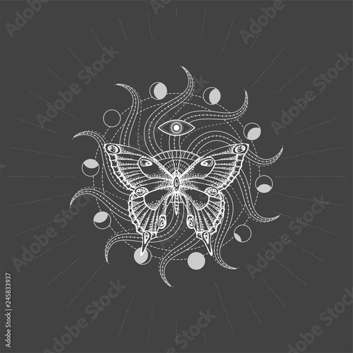 Vector illustration with hand drawn butterfly and Sacred geometric symbol on black background. Abstract mystic sign. White linear shape. For you design, tattoo or magic craft.
