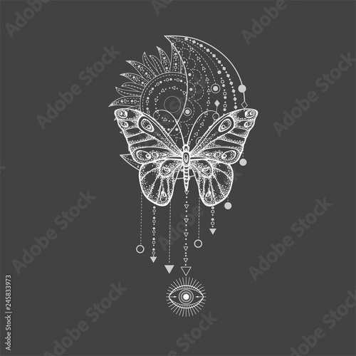 Vector illustration with hand drawn butterfly and Sacred geometric symbol on black background. Abstract mystic sign. White linear shape. For you design, tattoo or magic craft.