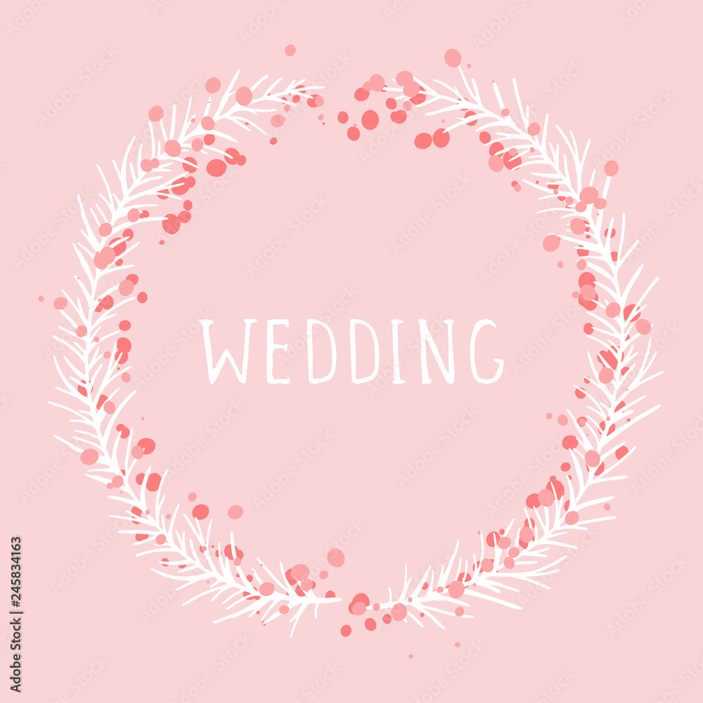 Vector hand drawn illustration of text WEDDING and floral round frame on pink background. Colorful.