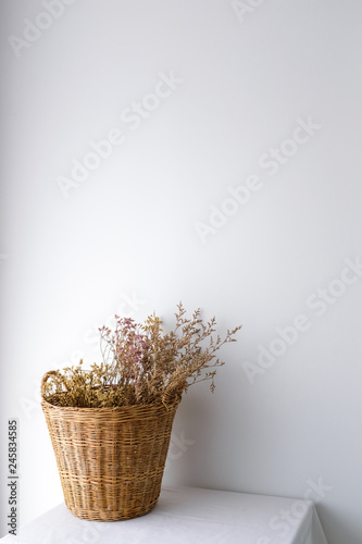 Dried plant and flower in rattan wooden basket on white table top on white wa...
