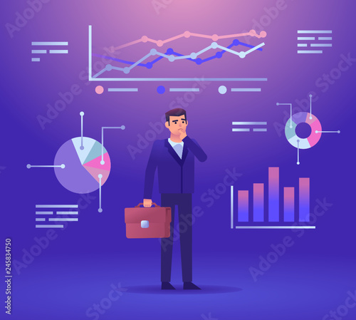 Businessman looks at various charts and diagrams. Business management, strategy, analytics concept. Colorful design vector illustration