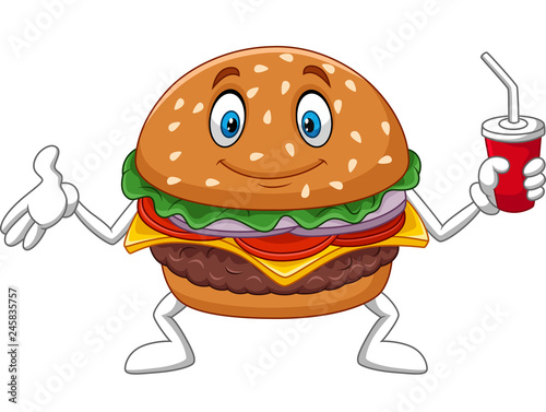 Cartoon burger holding a cup of soda