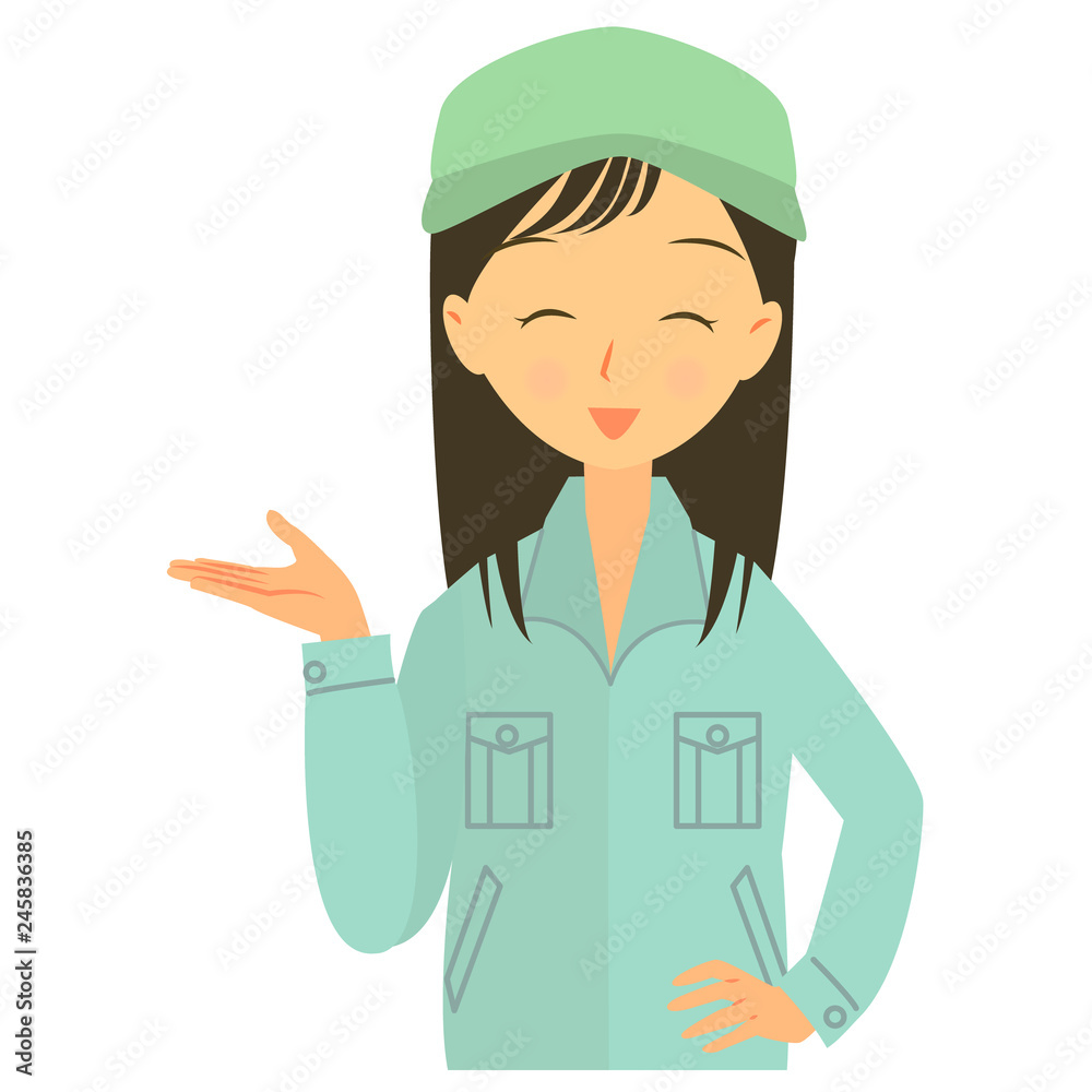 女性作業員 片手で案内 上半身 女性作業員 片手で案内 上半身