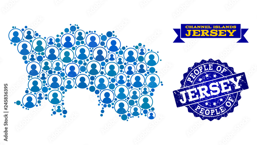 People combination of blue population map of Jersey Island and scratched  seal stamp. Vector seal with corroded rubber texture. Mosaic map of Jersey  Island constructed with rounded users. Stock Vector | Adobe