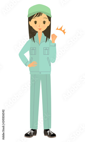 ガッツポーズをする作業員女性　全身