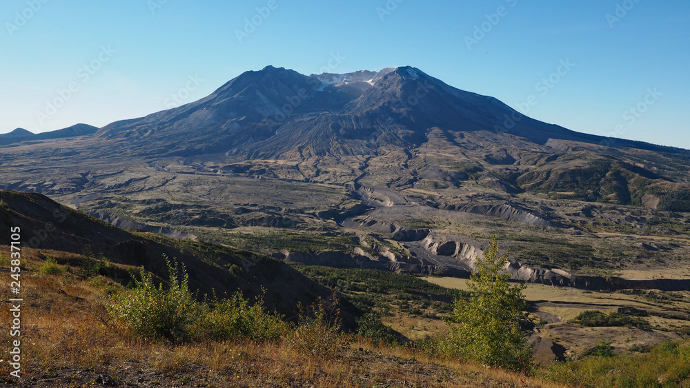 Mount Saint Helens in Washington State as seen from the Johnstin Ridge Observatory Boundary Trail on a clear, cloudless autumn morning.