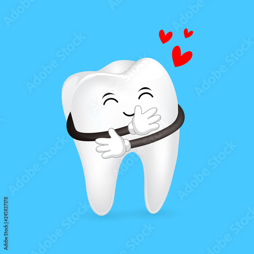 Cute cartoon character tooth hands embrace. Icon design. Dental care concept. Illustration isolated on blue background.