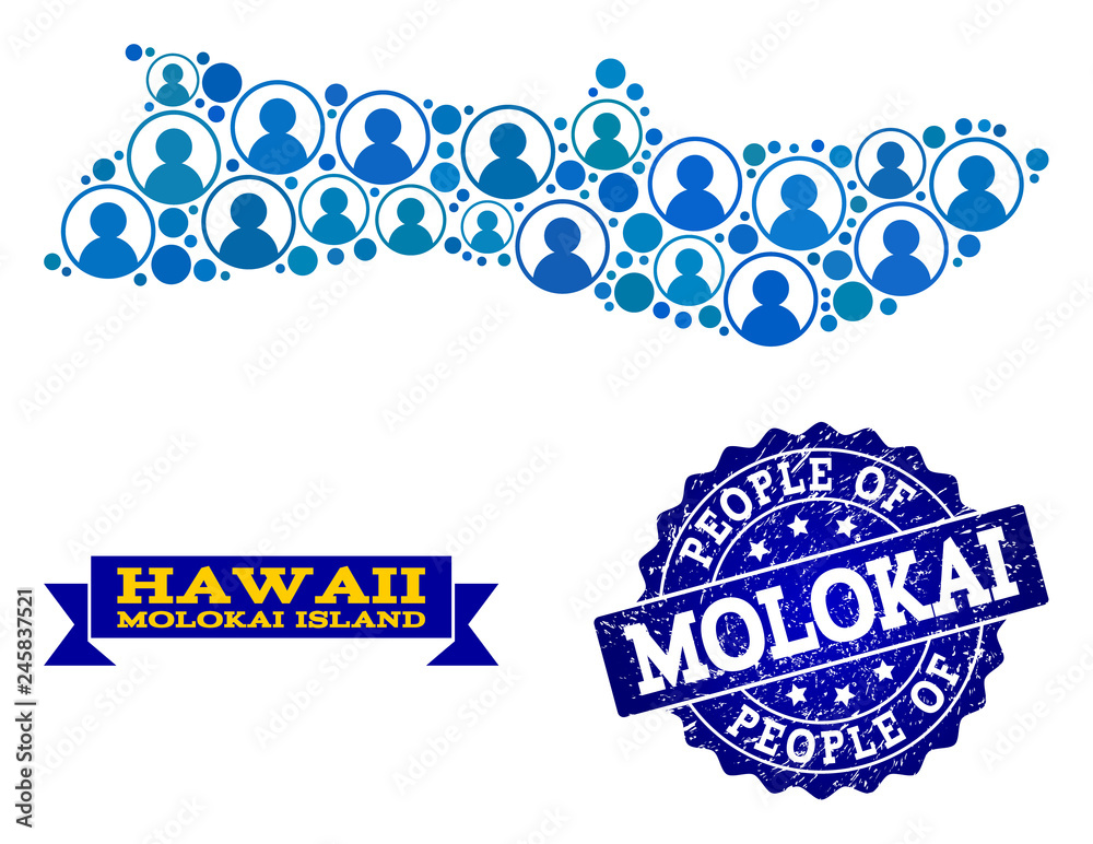 People collage of blue population map of Molokai Island and rubber seal