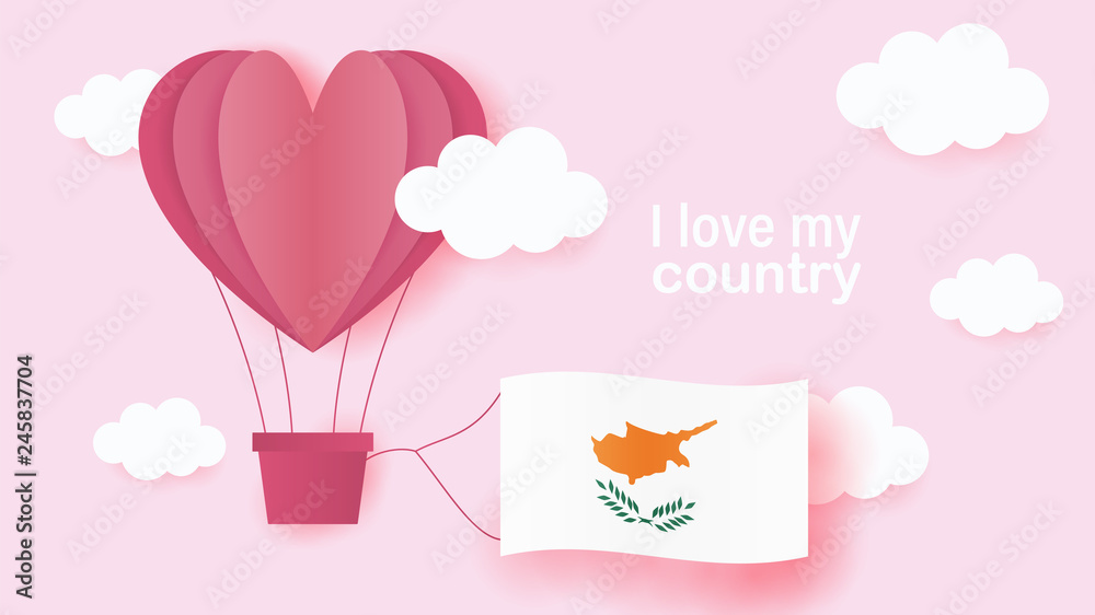 Hot air balloons in shape of heart flying in clouds with national flag of Cyprus. Paper art and cut, origami style with love to Cyprus