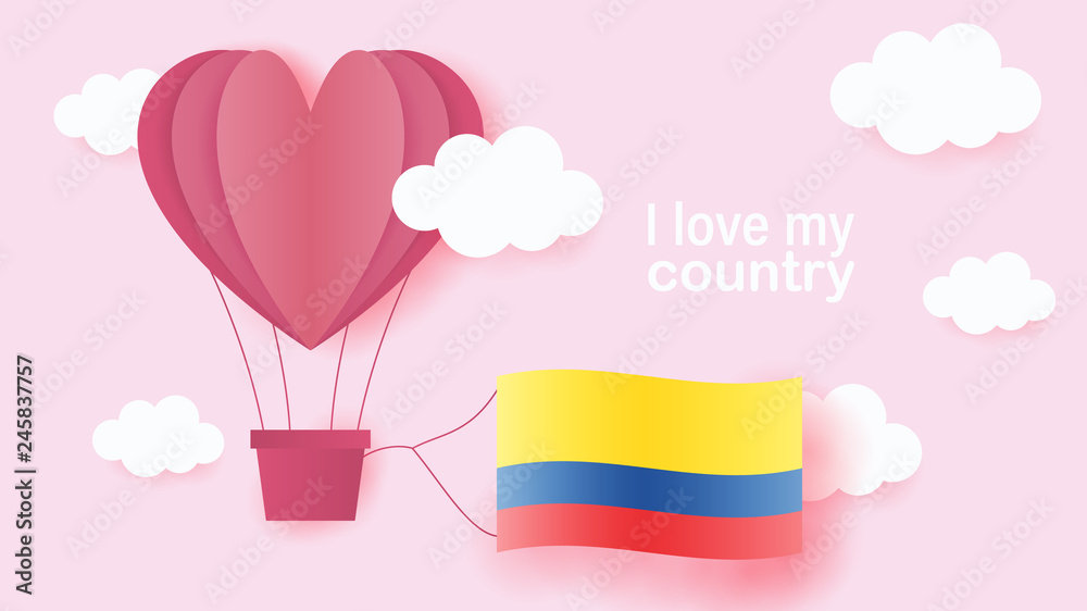 Hot air balloons in shape of heart flying in clouds with national flag of Ecuador. Paper art and cut, origami style with love to Ecuador