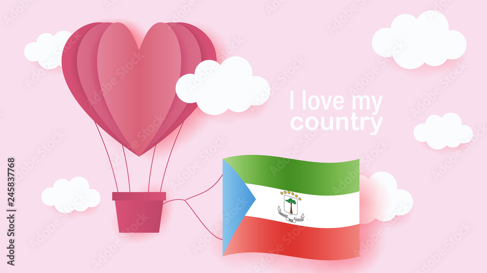 Hot air balloons in shape of heart flying in clouds with national flag of Equatorial Guinea. Paper art and cut, origami style with love to Equatorial Guinea