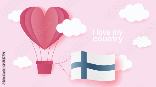 Hot air balloons in shape of heart flying in clouds with national flag of Finland. Paper art and cut  origami style with love to Finland