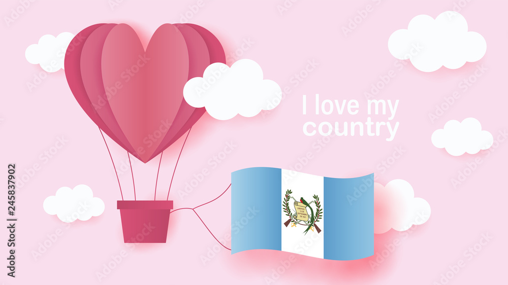 Hot air balloons in shape of heart flying in clouds with national flag of Guatemala. Paper art and cut, origami style with love to Guatemala