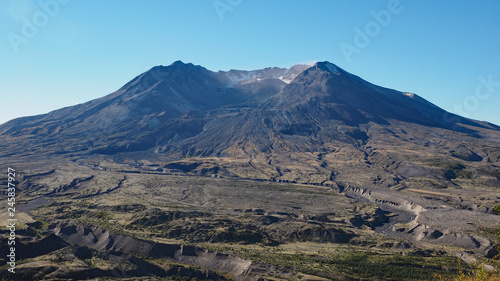 Mount Saint Helens in Washington State as seen from the Johnstin Ridge Observatory Boundary Trail on a clear, cloudless autumn morning.