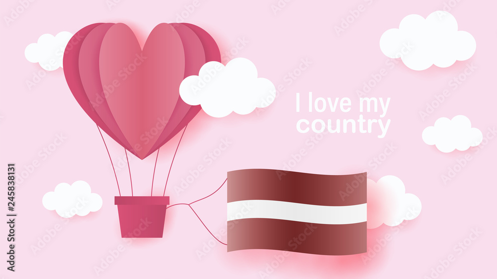 Hot air balloons in shape of heart flying in clouds with national flag of Latvia. Paper art and cut, origami style with love to Latvia