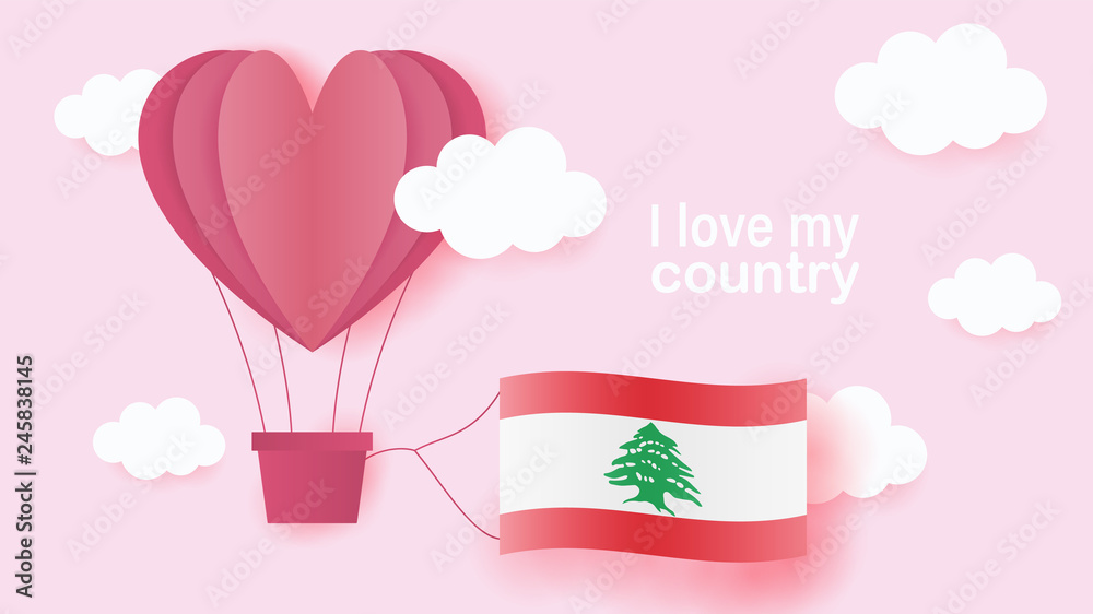 Hot air balloons in shape of heart flying in clouds with national flag of Lebanon. Paper art and cut, origami style with love to Lebanon