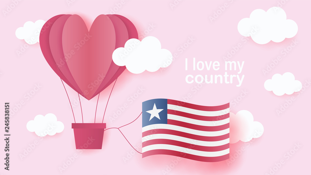 Hot air balloons in shape of heart flying in clouds with national flag of Liberia. Paper art and cut, origami style with love to Liberia