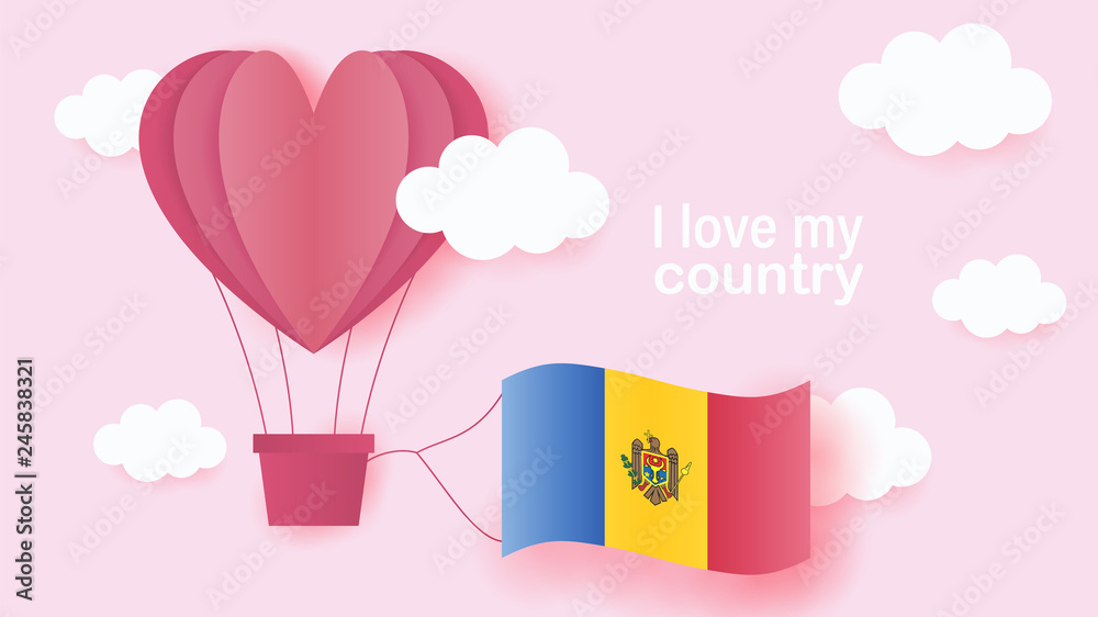 Hot air balloons in shape of heart flying in clouds with national flag of Moldova. Paper art and cut, origami style with love to Moldova