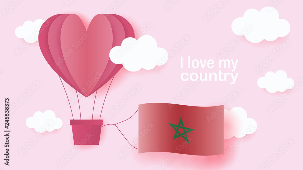 Hot air balloons in shape of heart flying in clouds with national flag of Morocco. Paper art and cut, origami style with love to Morocco