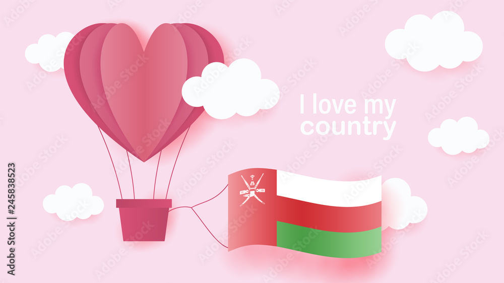Hot air balloons in shape of heart flying in clouds with national flag of Oman. Paper art and cut, origami style with love to Oman