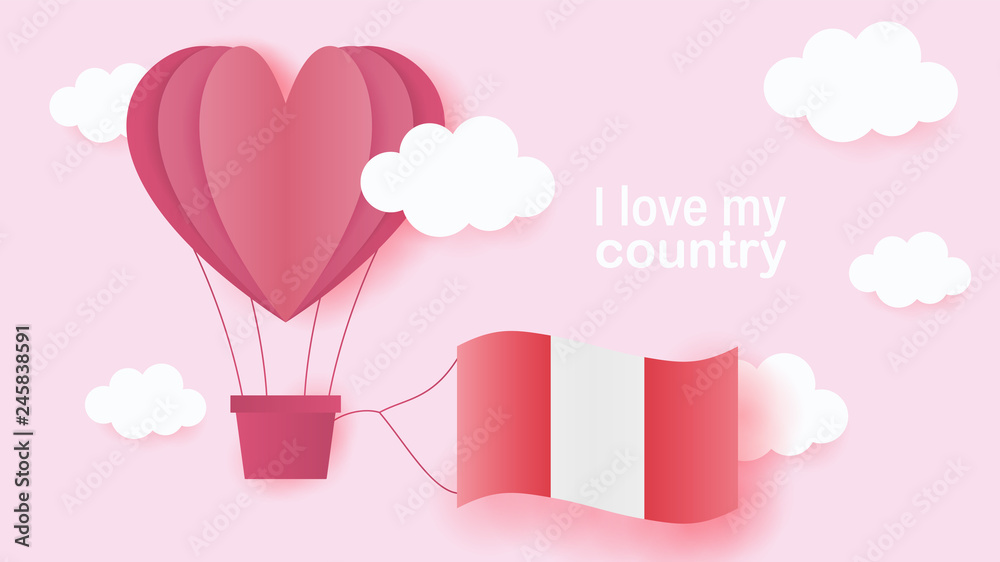 Hot air balloons in shape of heart flying in clouds with national flag of Peru. Paper art and cut, origami style with love to Peru