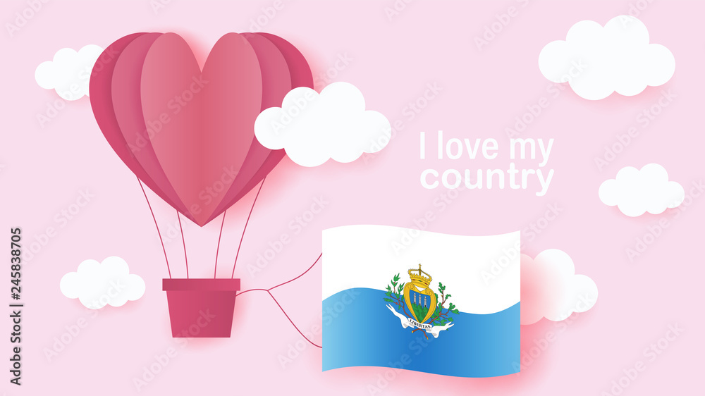 Hot air balloons in shape of heart flying in clouds with national flag of San Marino. Paper art and cut, origami style with love to San Marino