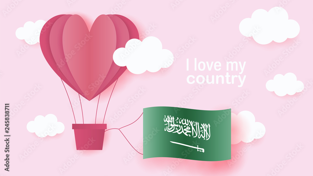 Hot air balloons in shape of heart flying in clouds with national flag of Saudi Arabia. Paper art and cut, origami style with love to Saudi Arabia