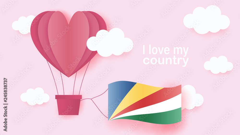 Hot air balloons in shape of heart flying in clouds with national flag of Seychelles. Paper art and cut, origami style with love to Seychelles