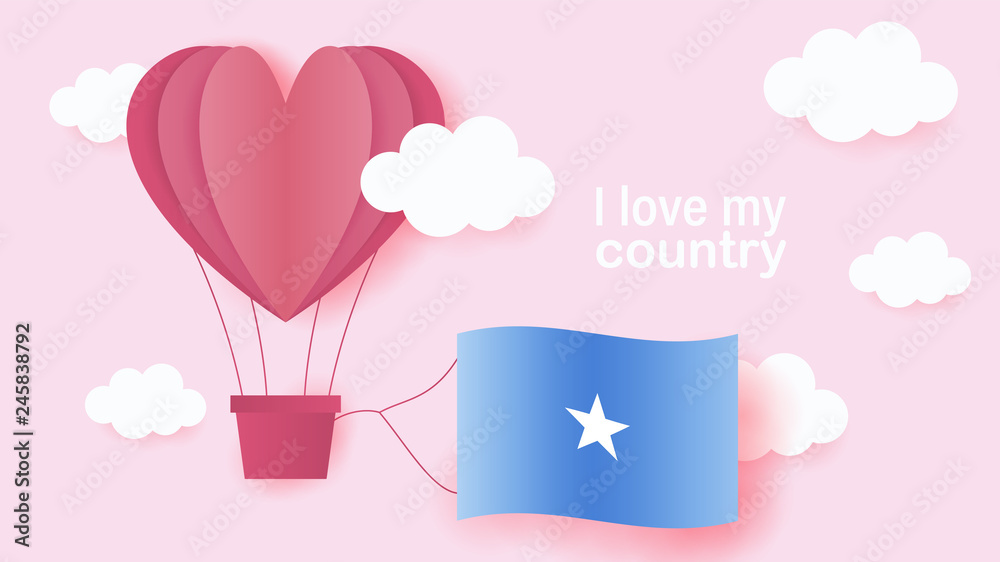Hot air balloons in shape of heart flying in clouds with national flag of Somalia. Paper art and cut, origami style with love to Somalia