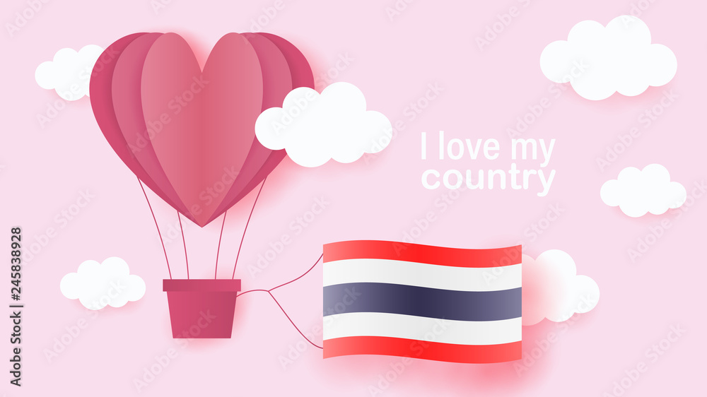 Hot air balloons in shape of heart flying in clouds with national flag of Thailand. Paper art and cut, origami style with love to Thailand