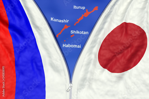 Zipper separates or connects flags of Japan and Russia to reveal or hide the disputed Kuril islands, relations between countries, northern territories problem and a peace treaty concept, 3d render photo