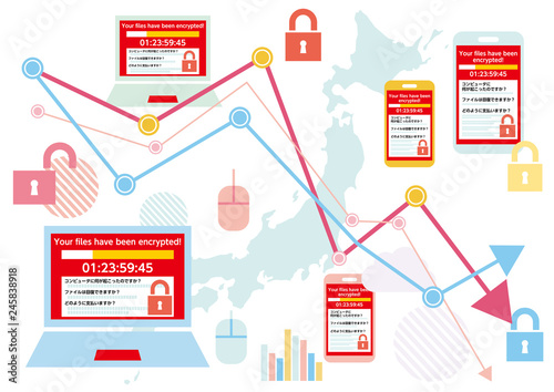 ランサムウェアウイルスに感染した画面を表示するパソコンと日本のネットワーク
