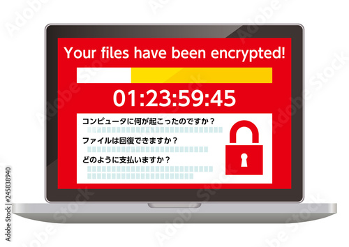 ランサムウェアウイルスに感染した画面を表示するパソコン