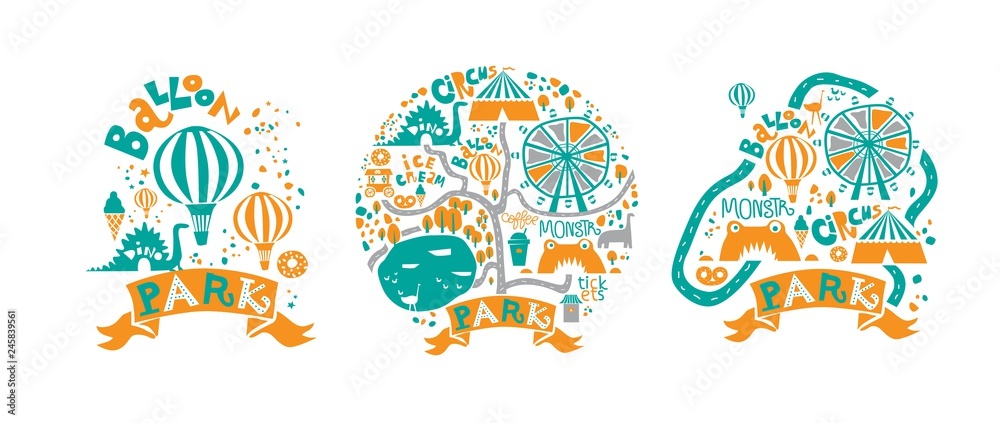 Amusement Park icons set in cartoon style with attractions and Ferris wheel, balloon, a circus, dino Amusement Park icons set in cartoon style with attractions and Ferris wheel, balloon, a circus, dino