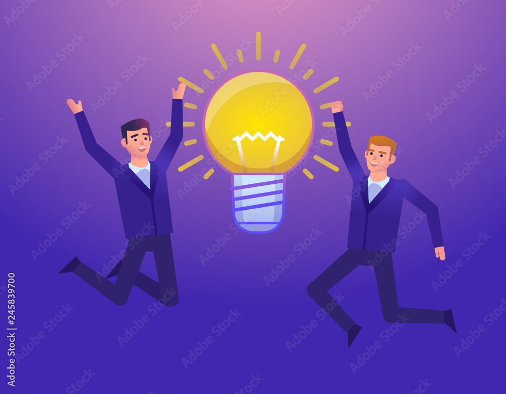 Two cheerful businessman jumping near big idea light bulb. Creative idea, success, achievement. Colorful design vector illustration Two cheerful businessman jumping near big idea light bulb. Creative idea, success, achievement. Colorful design vector illustration