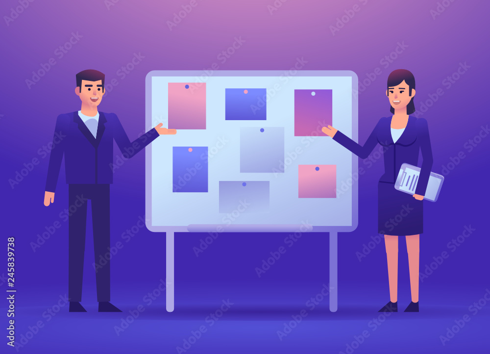 Businessman and woman standing near whiteboard. Business meeting, presentation. Colorful style vector illustration Businessman and woman standing near whiteboard. Business meeting, presentation. Colorful style vector illustration