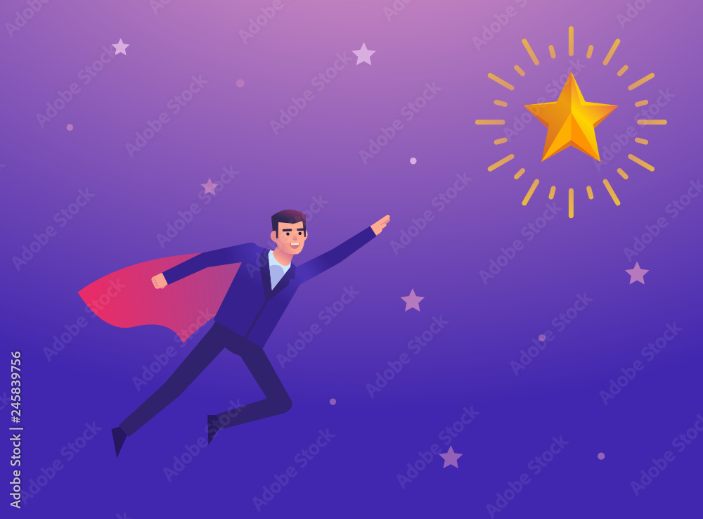 Super businessman flying to yellow star. Achievement, follow your dreams concept. Colorful design vector illustration