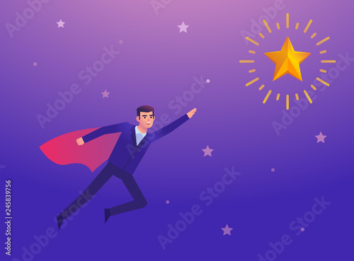 Super businessman flying to yellow star. Achievement, follow your dreams concept. Colorful design vector illustration © paper_owl